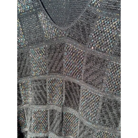 Vintage Black V-Neck Sweater Metallic Checkered Pattern - Picture 5 of 7